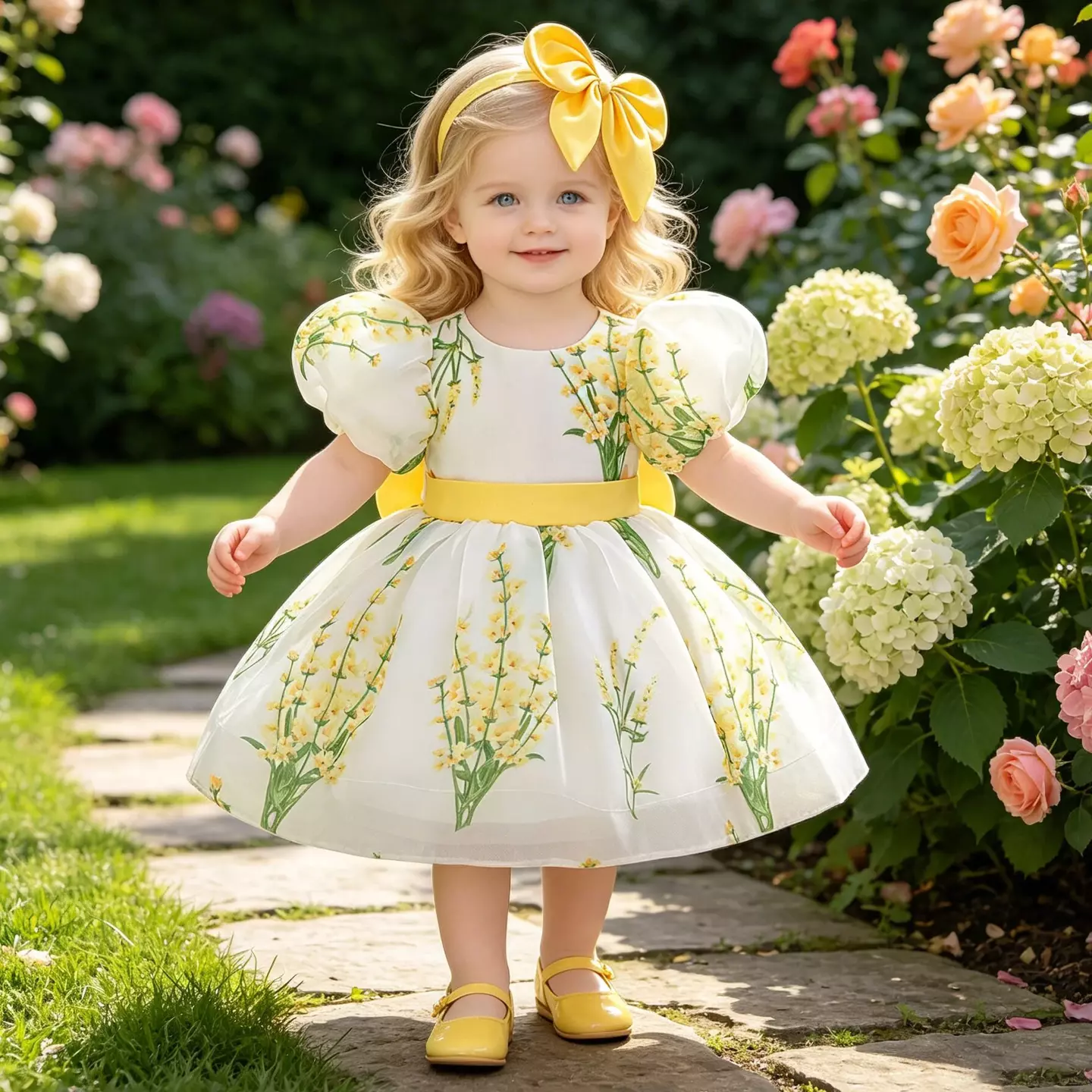 Osaka Yellow Floral Print Puff Sleeve Bow Back Tea Length Baby & Toddler Party Dress