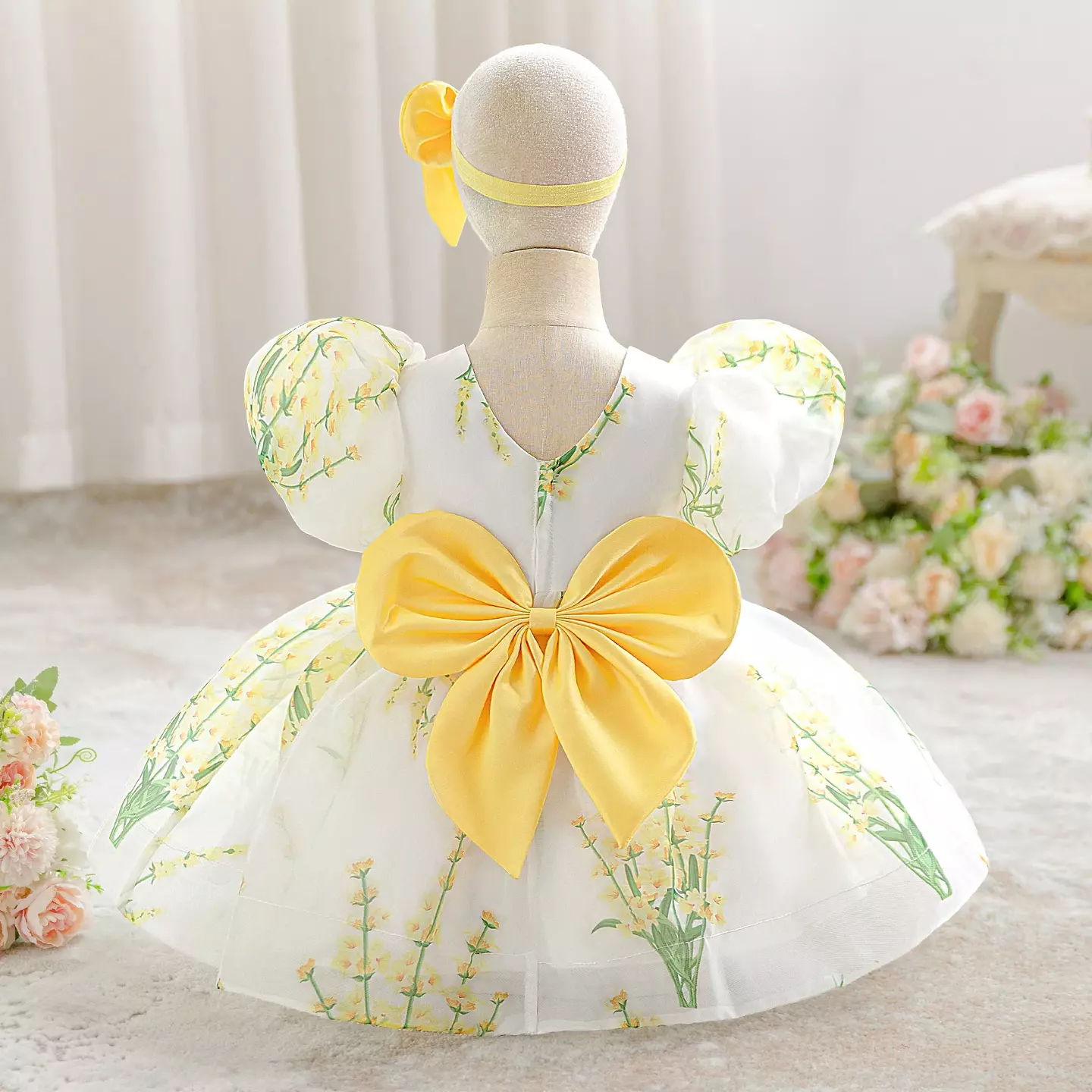 Osaka Yellow Floral Print Puff Sleeve Bow Back Tea Length Baby & Toddler Party Dress