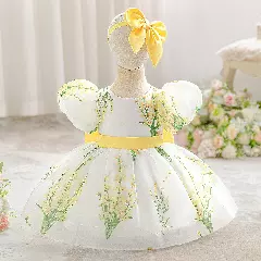 Osaka Yellow Floral Print Puff Sleeve Bow Back Tea Length Baby & Toddler Party Dress