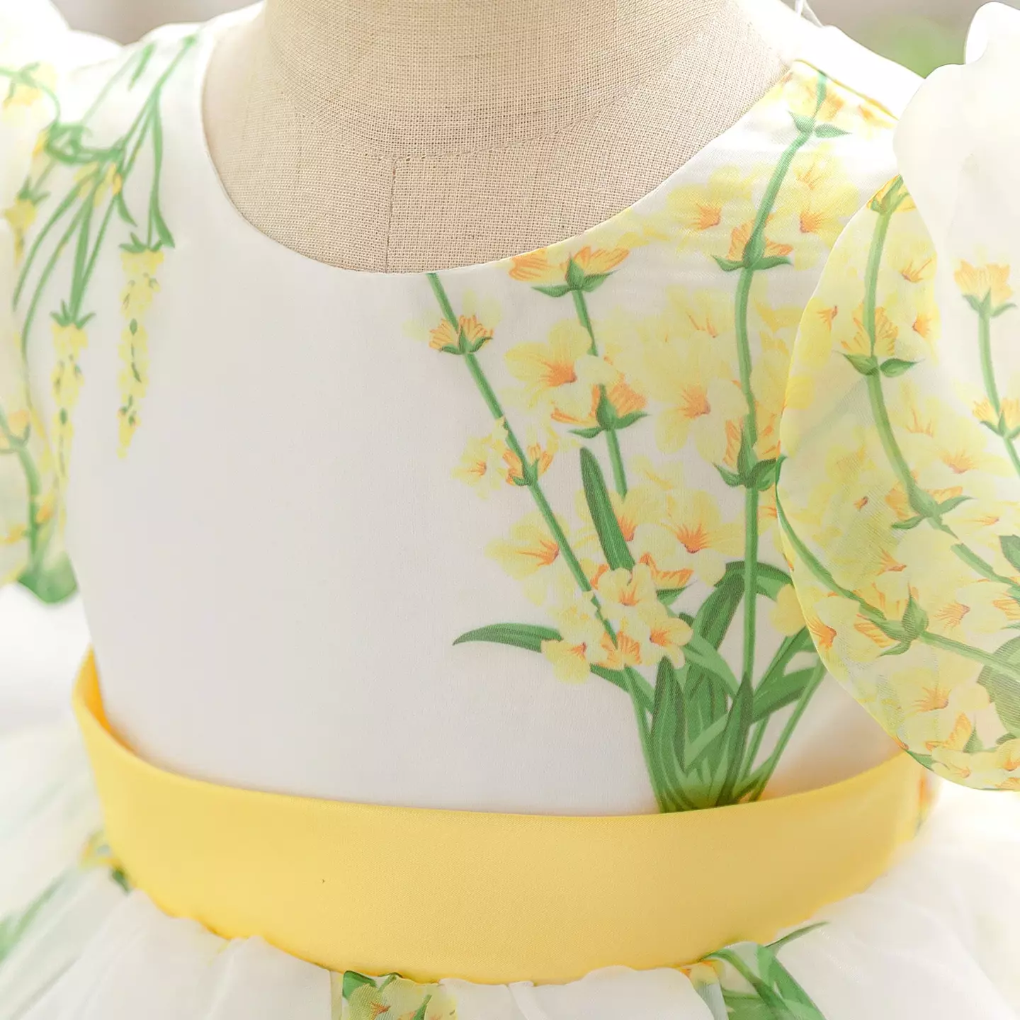 Osaka Yellow Floral Print Puff Sleeve Bow Back Tea Length Baby & Toddler Party Dress