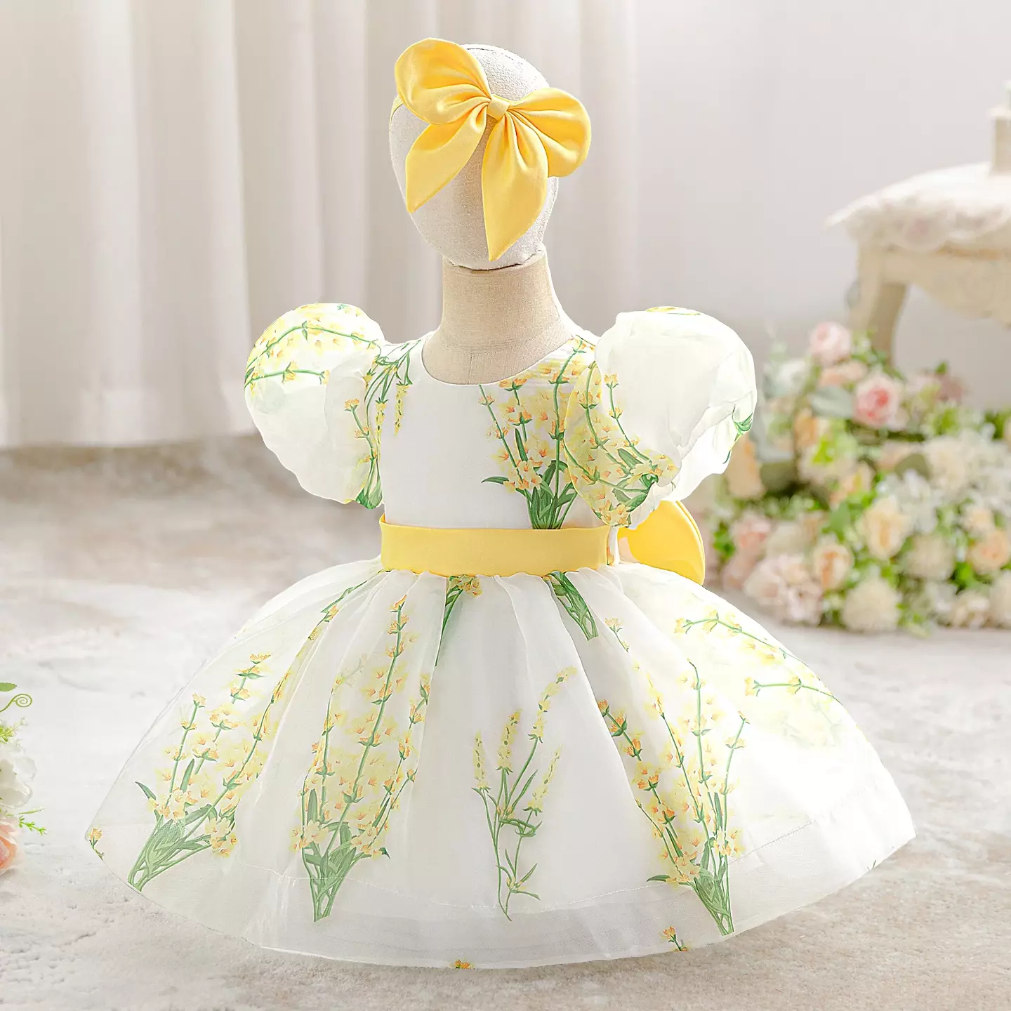 Osaka Yellow Floral Print Puff Sleeve Bow Back Tea Length Baby & Toddler Party Dress