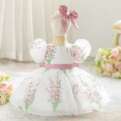 Osaka Dusty Pink Floral Print Puff Sleeve Bow Back Tea Length Baby & Toddler Party Dress