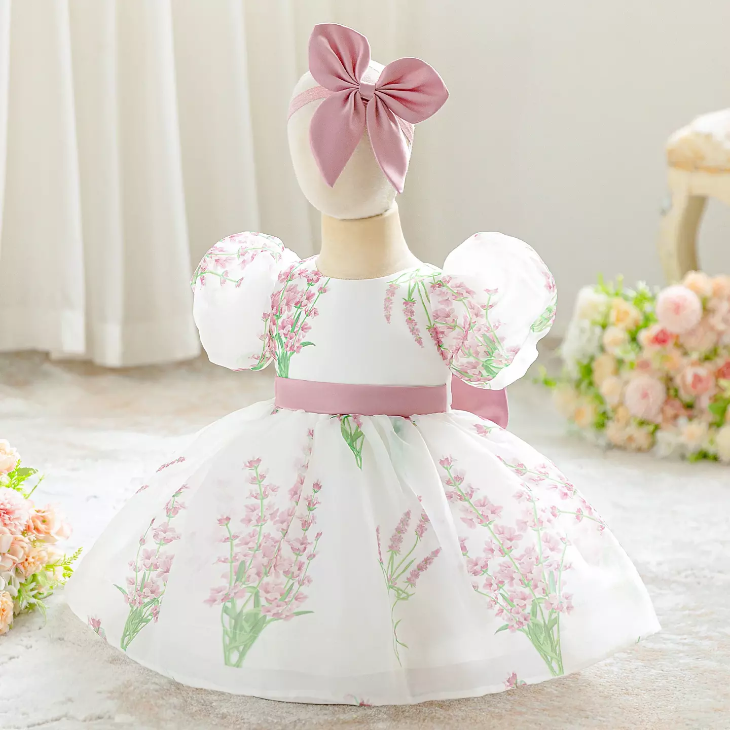 Osaka Dusty Pink Floral Print Puff Sleeve Bow Back Tea Length Baby & Toddler Party Dress