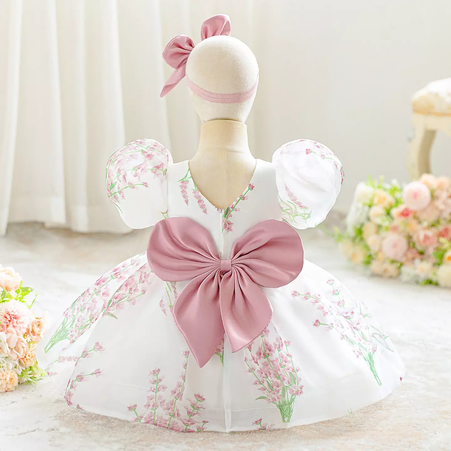 Osaka Dusty Pink Floral Print Puff Sleeve Bow Back Tea Length Baby & Toddler Party Dress