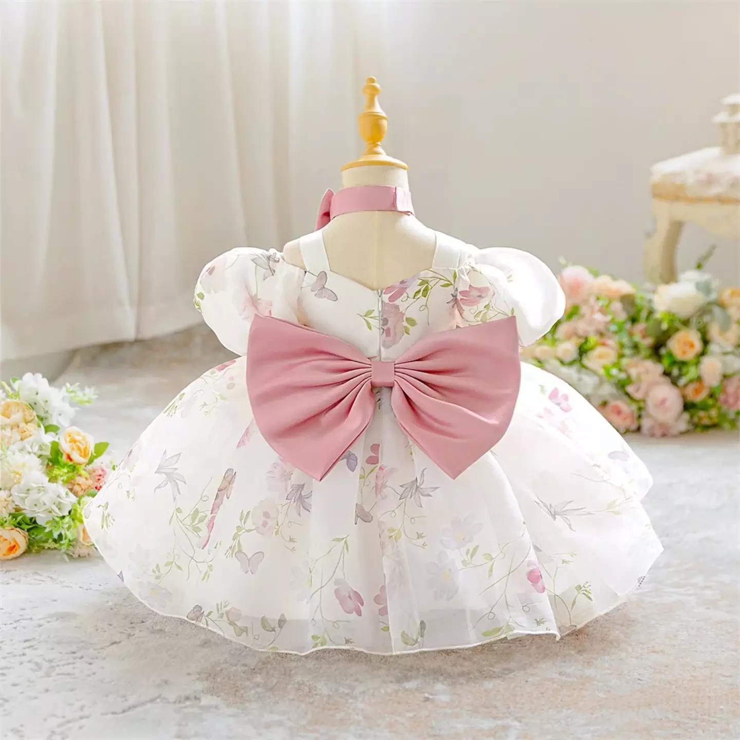 Gauff White Pink Floral Print Bow Puff Sleeve Tea Length Baby & Toddler Party Dress
