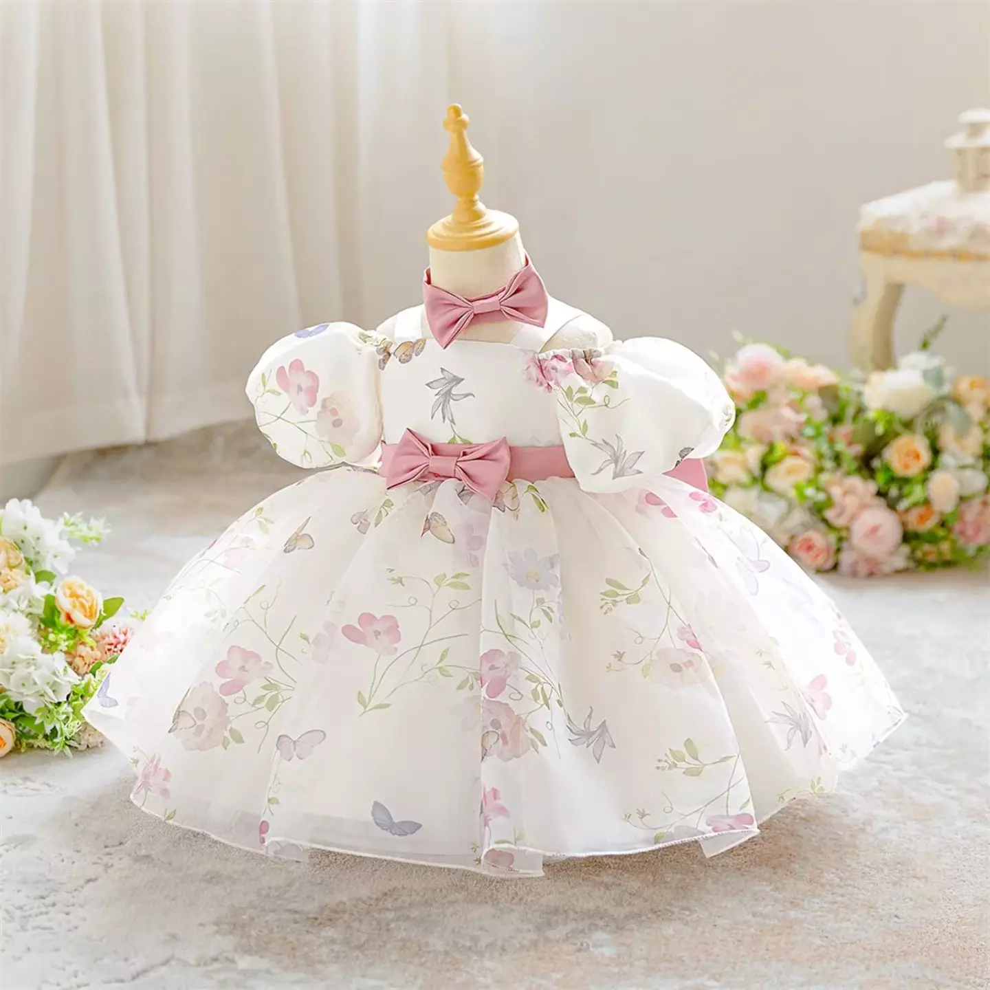 Gauff White Pink Floral Print Bow Puff Sleeve Tea Length Baby & Toddler Party Dress