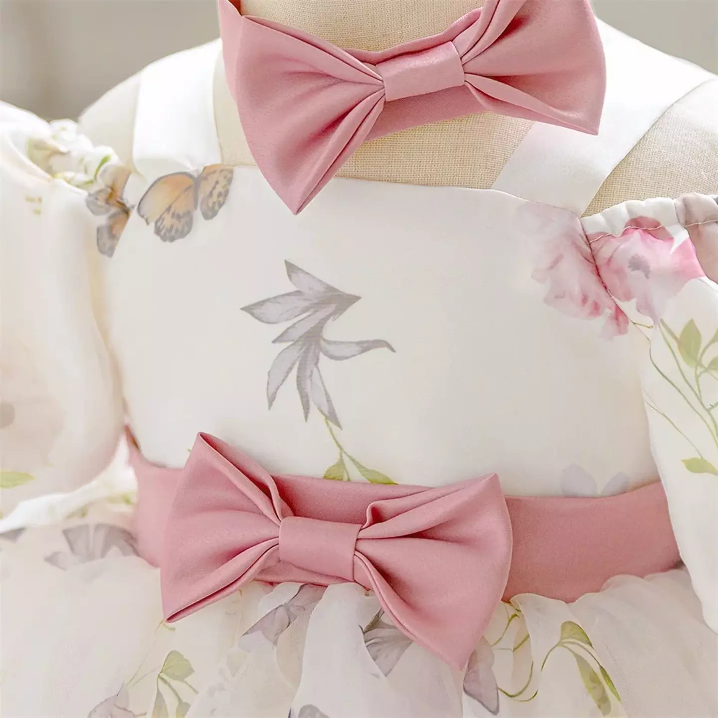 Gauff White Pink Floral Print Bow Puff Sleeve Tea Length Baby & Toddler Party Dress