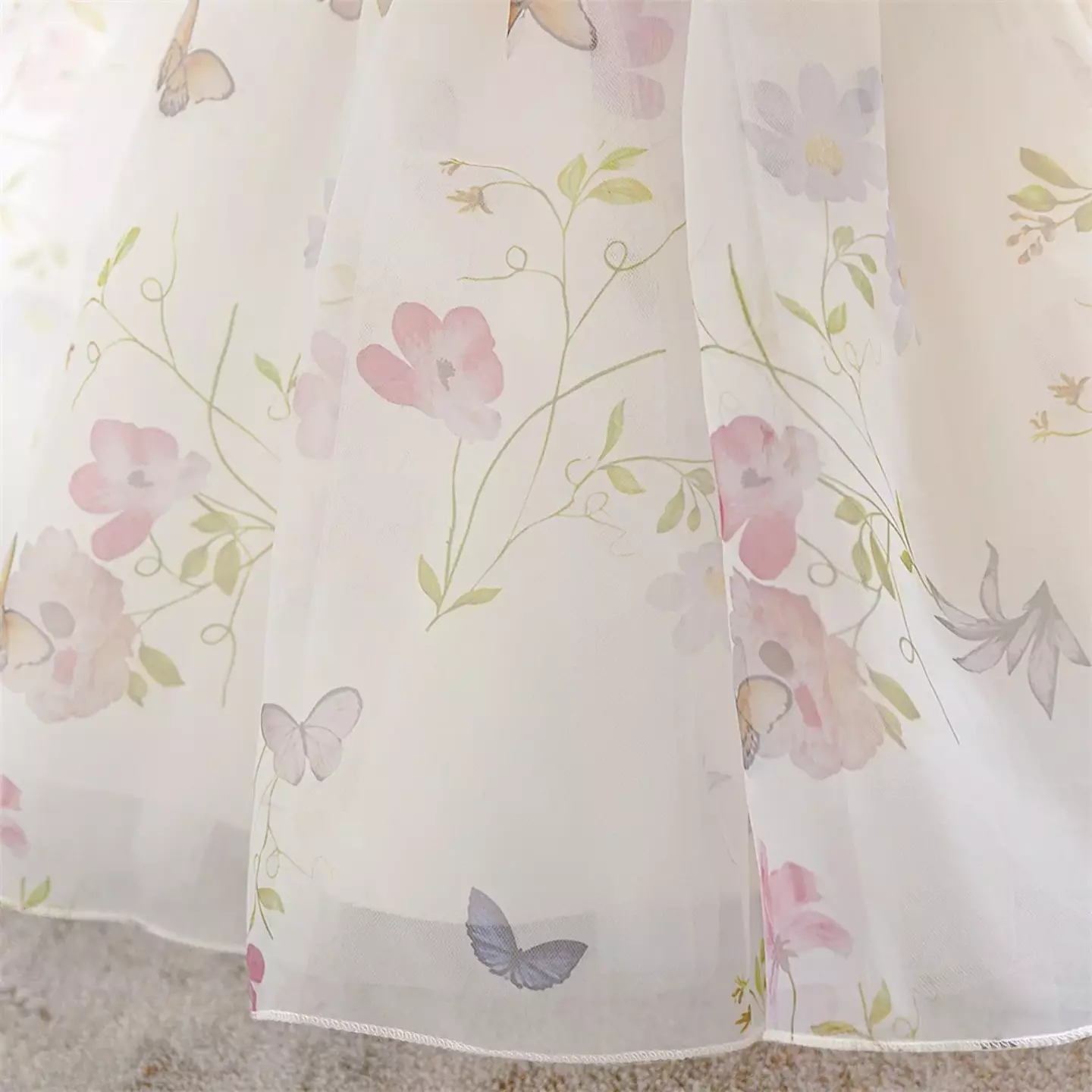 Gauff White Pink Floral Print Bow Puff Sleeve Tea Length Baby & Toddler Party Dress
