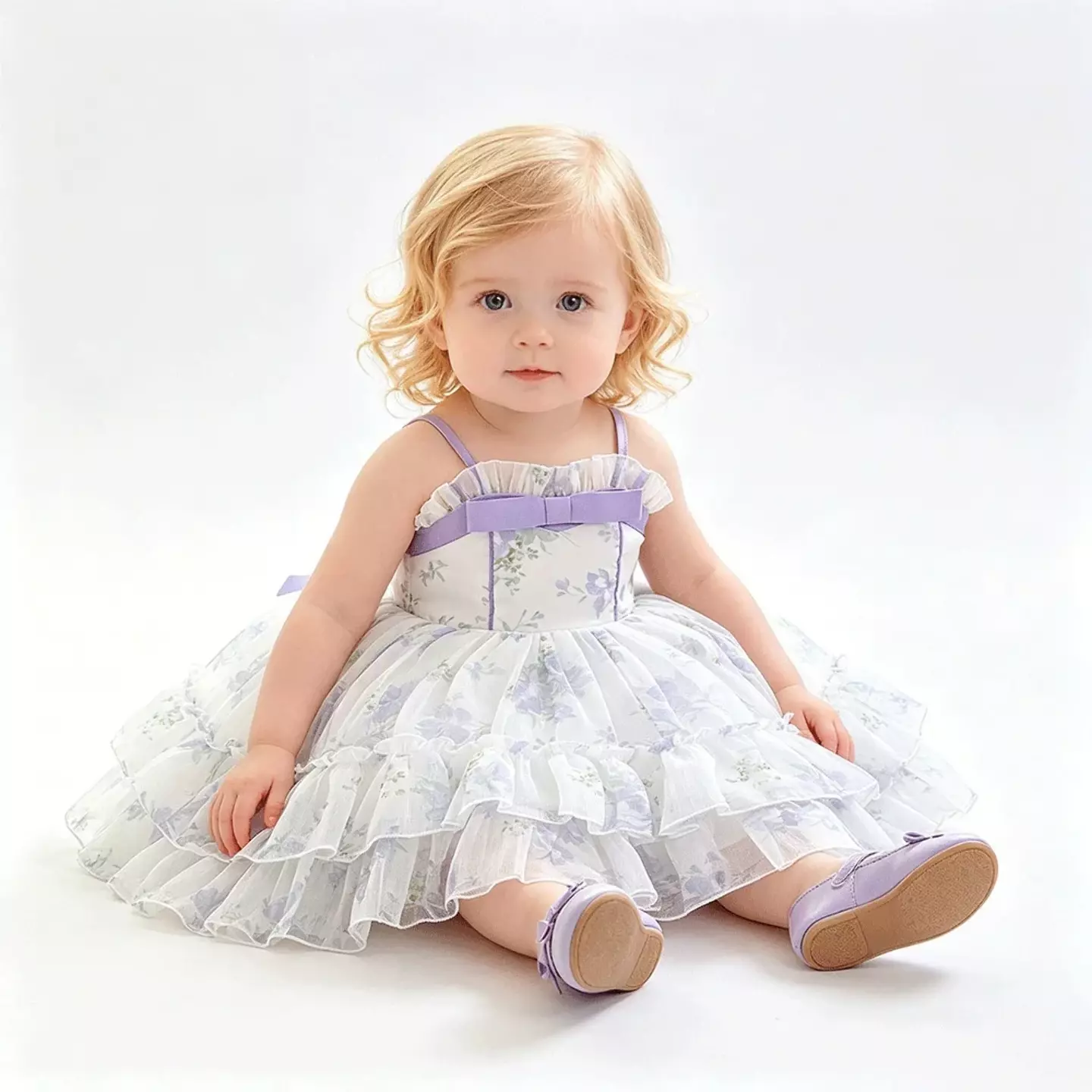 Cirstea Lavender Floral Tiered Tulle Lace Up Back Tea Length Baby & Toddler Party Dress