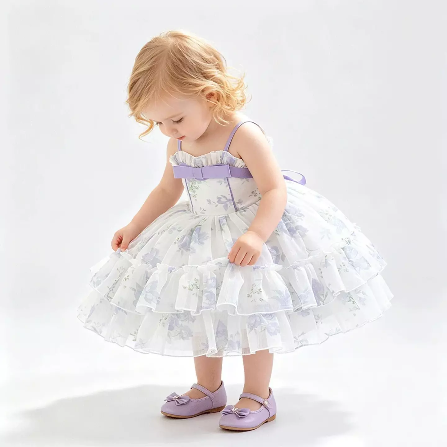 Cirstea Lavender Floral Tiered Tulle Lace Up Back Tea Length Baby & Toddler Party Dress