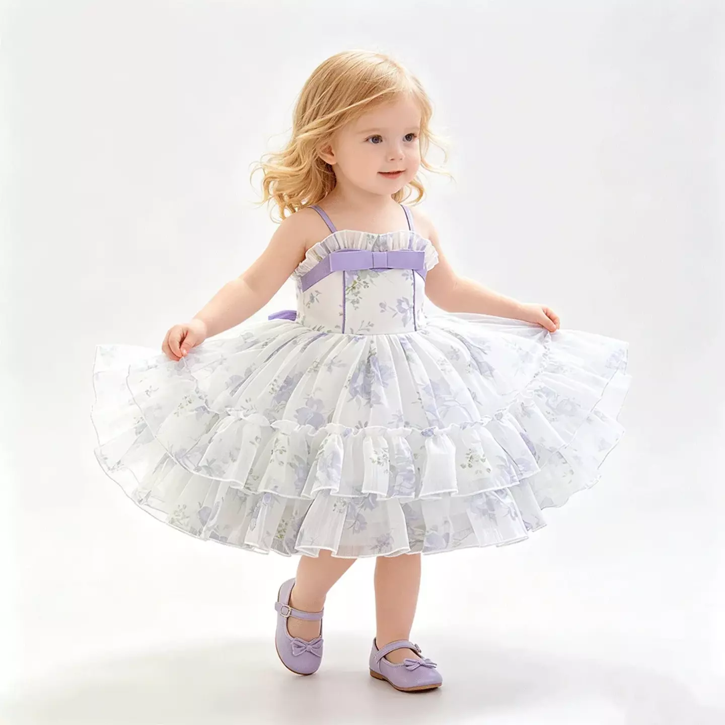 Cirstea Lavender Floral Tiered Tulle Lace Up Back Tea Length Baby & Toddler Party Dress