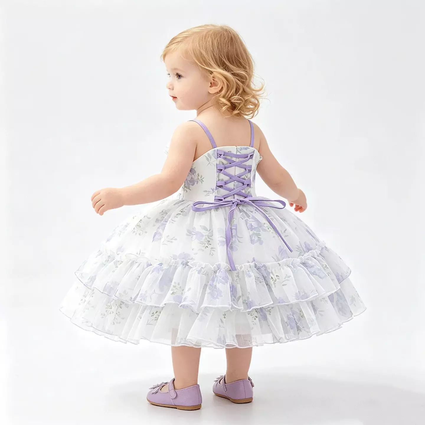Cirstea Lavender Floral Tiered Tulle Lace Up Back Tea Length Baby & Toddler Party Dress