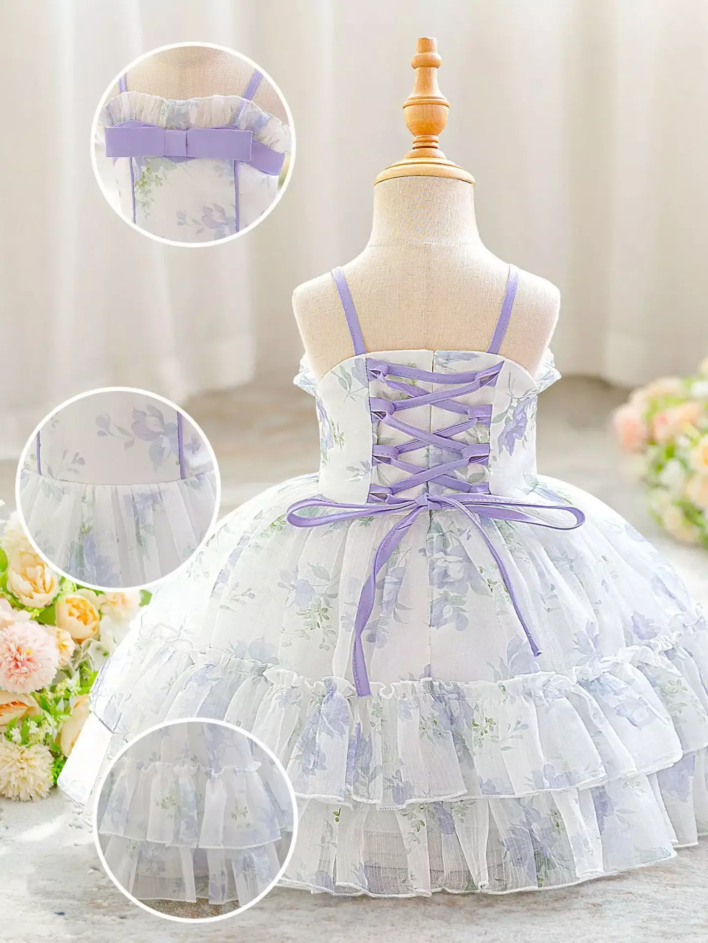 Cirstea Lavender Floral Tiered Tulle Lace Up Back Tea Length Baby & Toddler Party Dress