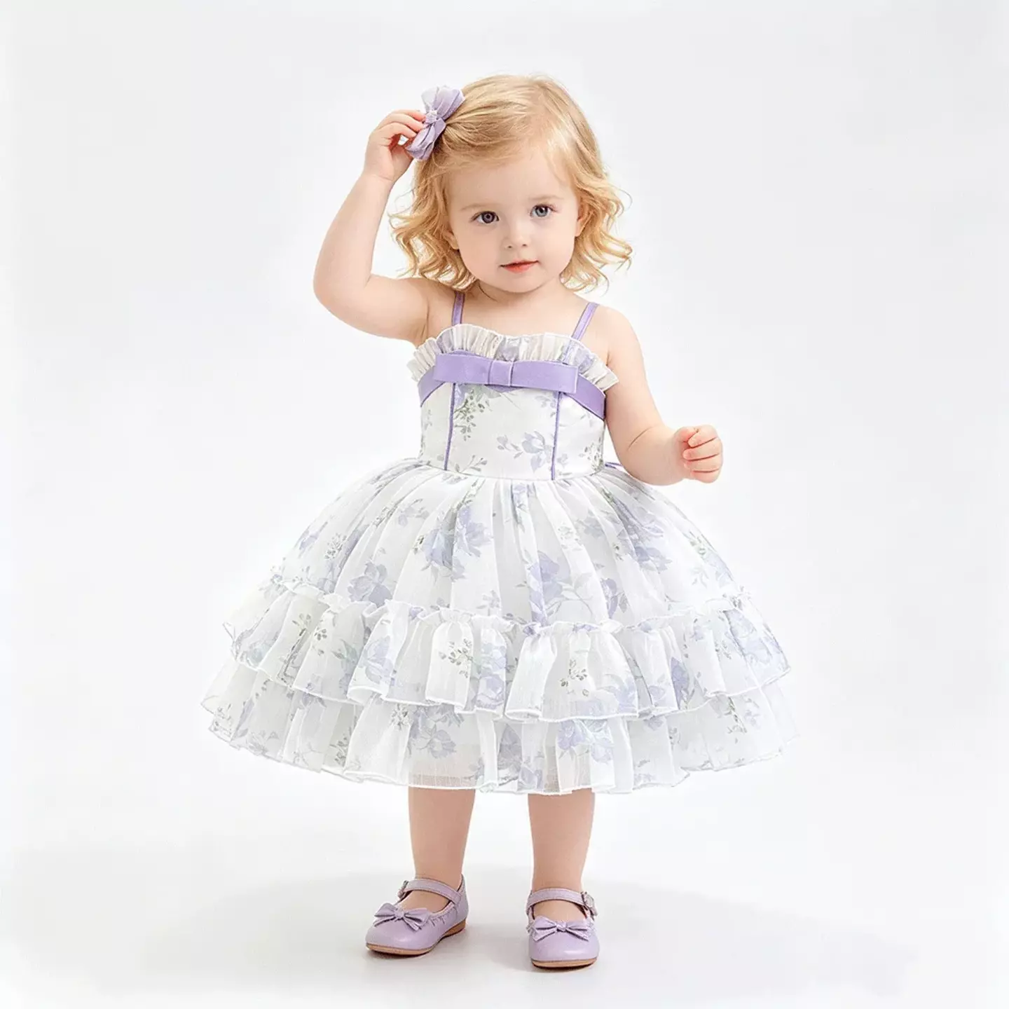 Cirstea Lavender Floral Tiered Tulle Lace Up Back Tea Length Baby & Toddler Party Dress
