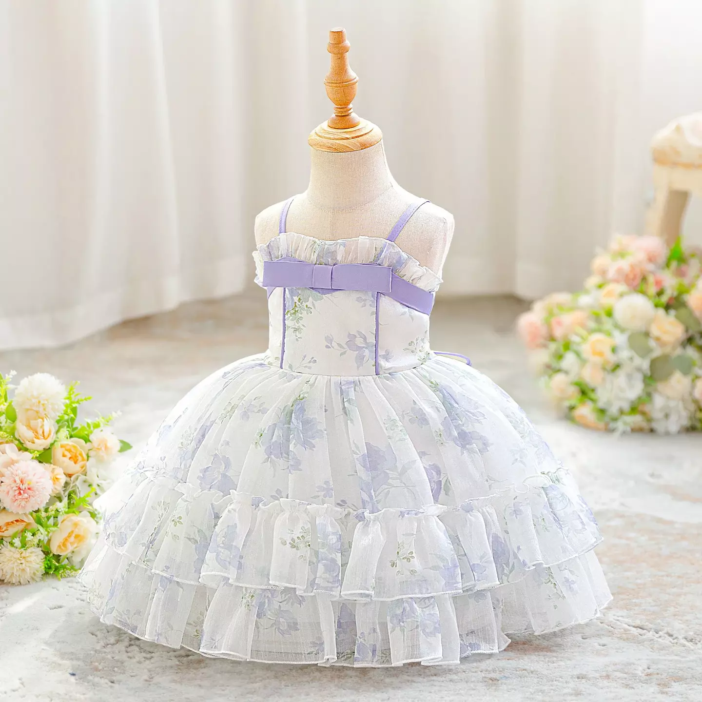 Cirstea Lavender Floral Tiered Tulle Lace Up Back Tea Length Baby & Toddler Party Dress