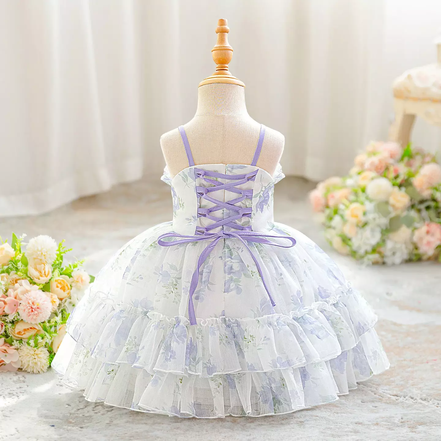Cirstea Lavender Floral Tiered Tulle Lace Up Back Tea Length Baby & Toddler Party Dress