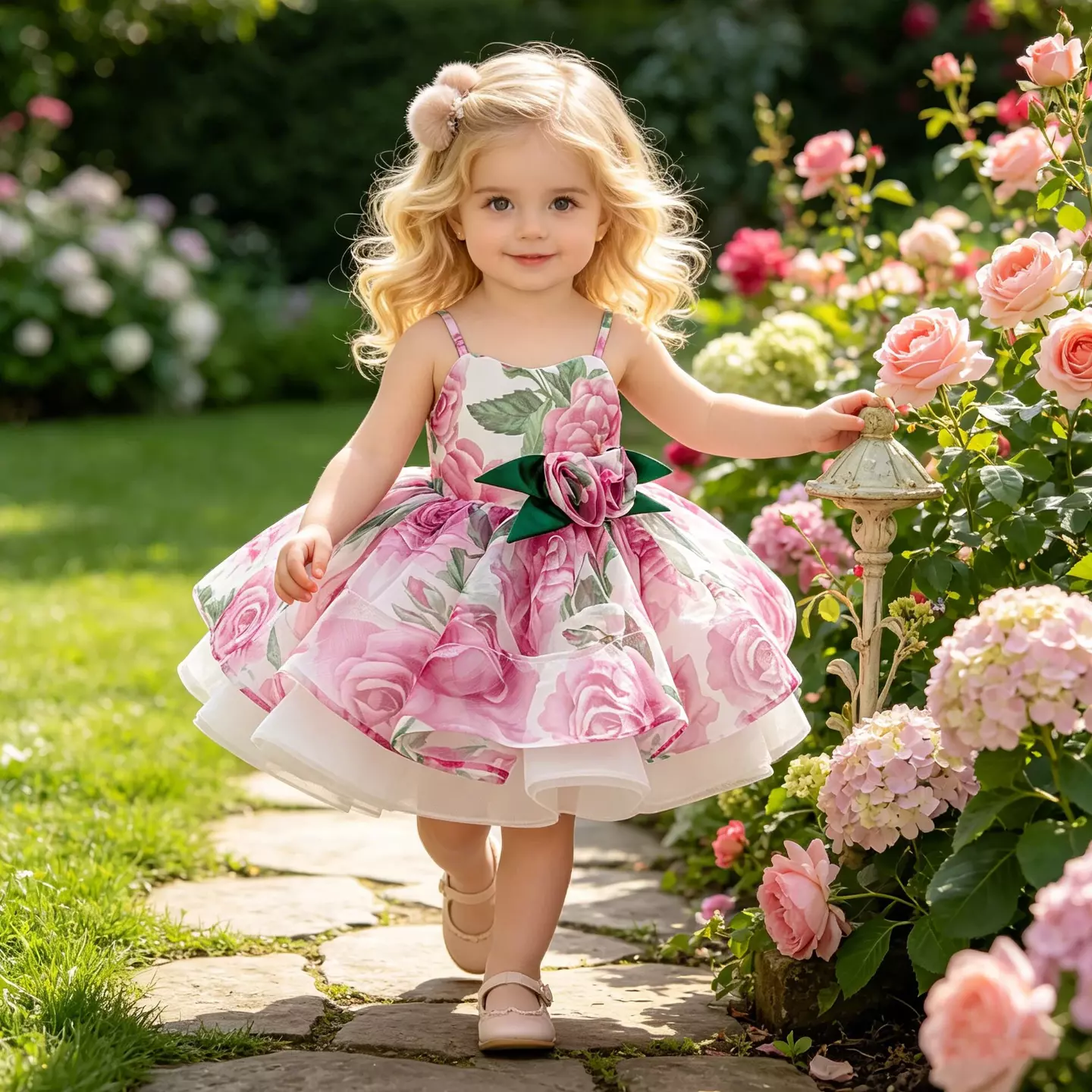 Mertens Rose Pink Rose Print Layered Organza Bow Tea Length Baby & Toddler Party Dress