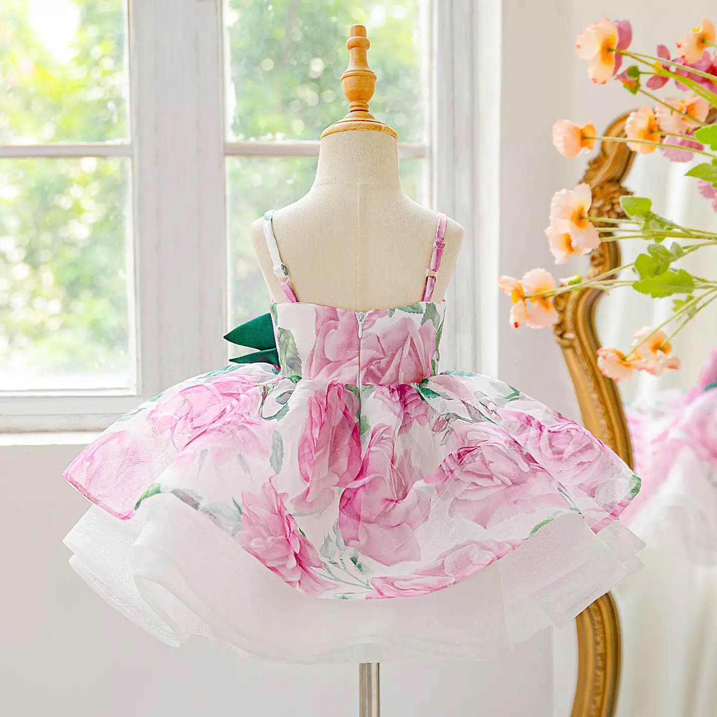 Mertens Rose Pink Rose Print Layered Organza Bow Tea Length Baby & Toddler Party Dress