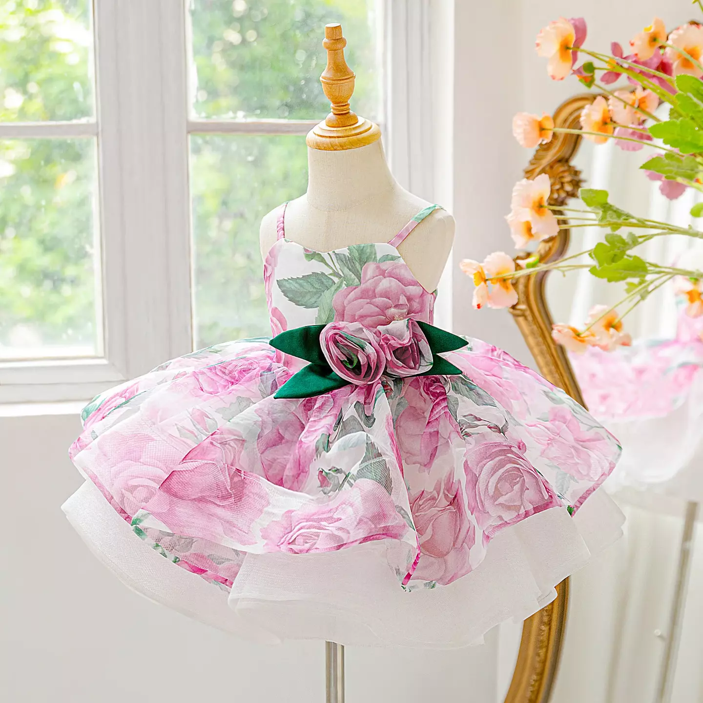 Mertens Rose Pink Rose Print Layered Organza Bow Tea Length Baby & Toddler Party Dress