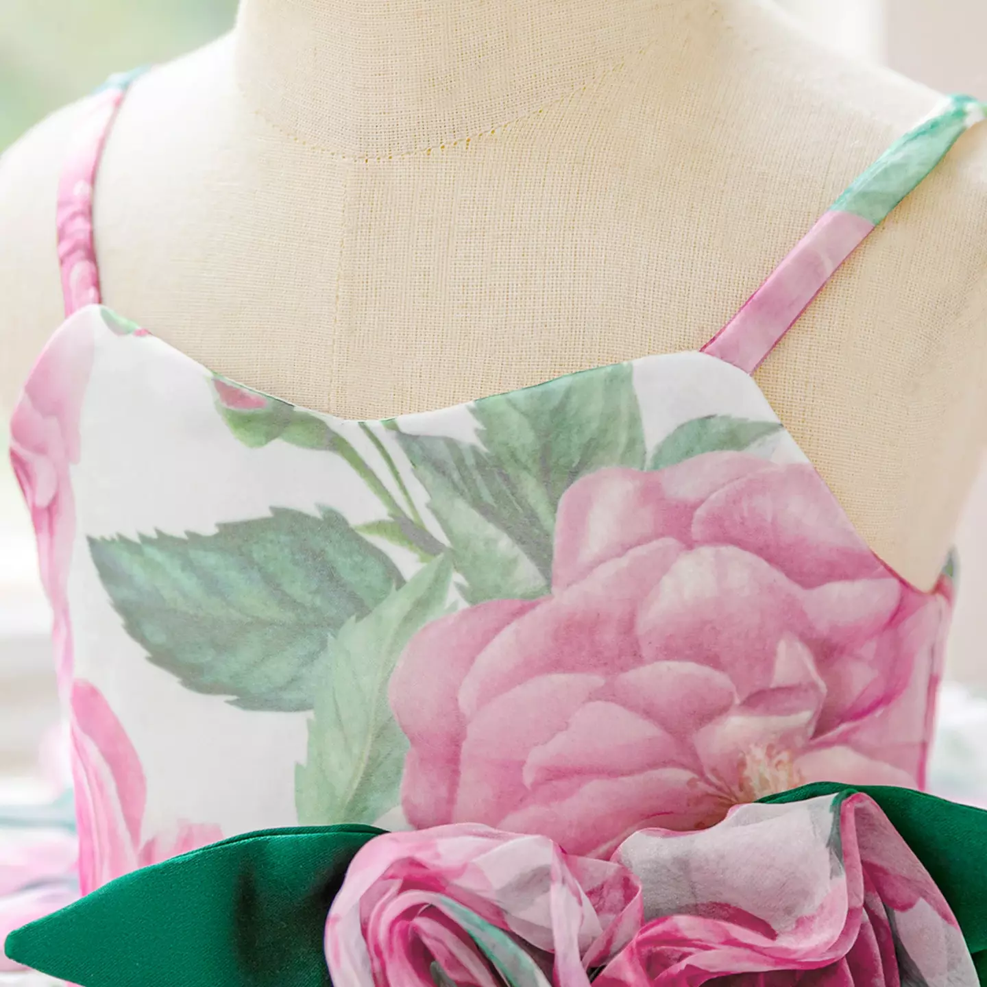 Mertens Rose Pink Rose Print Layered Organza Bow Tea Length Baby & Toddler Party Dress