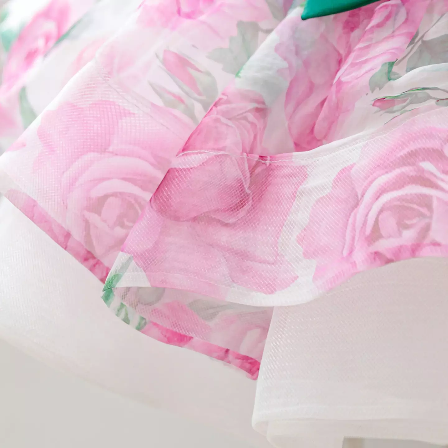 Mertens Rose Pink Rose Print Layered Organza Bow Tea Length Baby & Toddler Party Dress