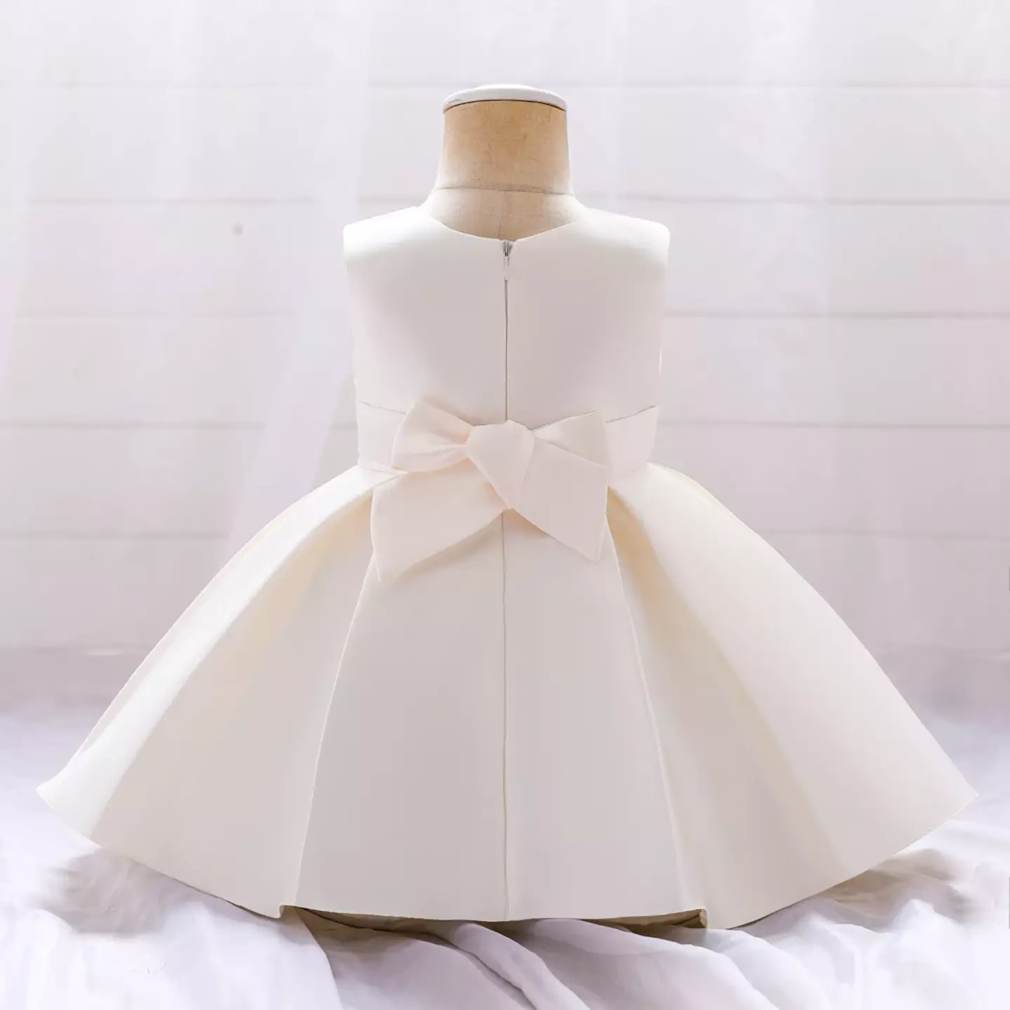 Diana Champagne Satin Big Bow Pleated Tea Length Baby & Toddler Party Dress