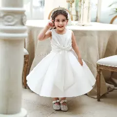 Diana White Satin Big Bow Pleated Tea Length Baby & Toddler Party Dress