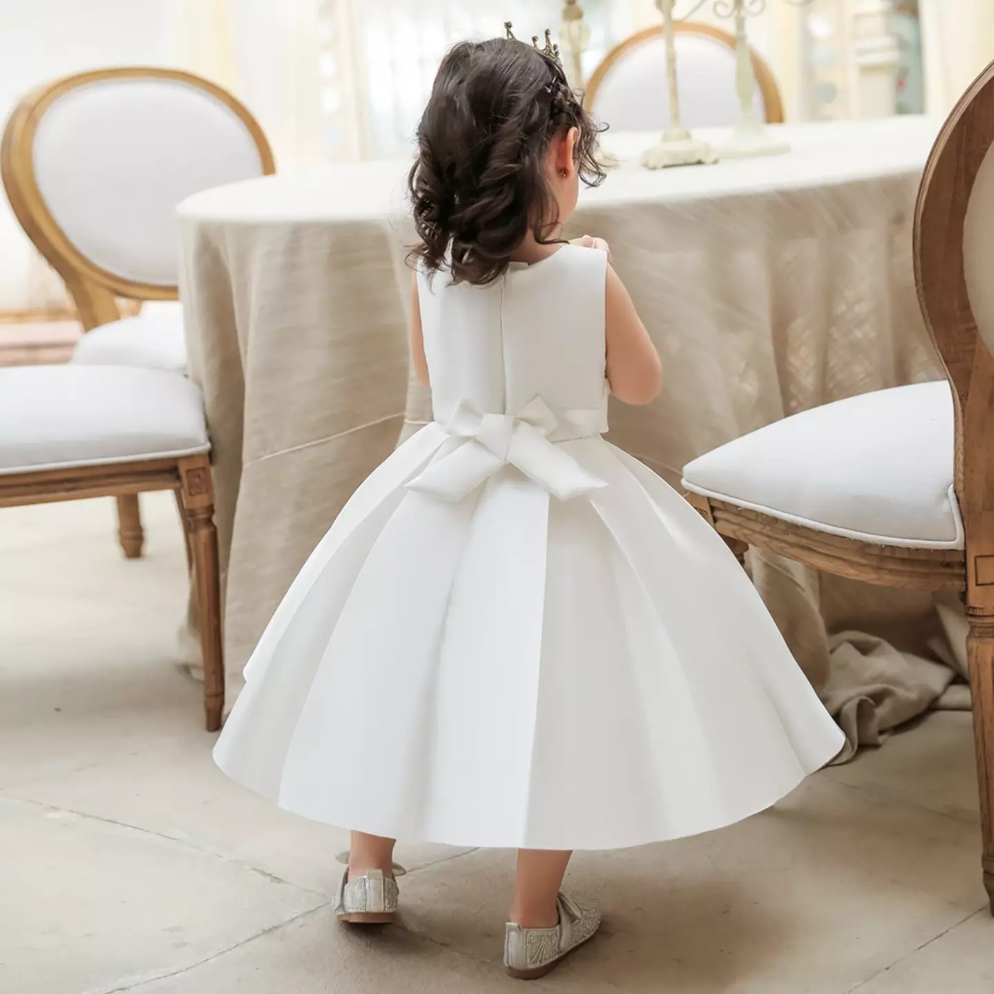 Diana White Satin Big Bow Pleated Tea Length Baby & Toddler Party Dress