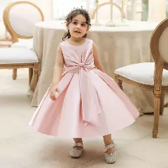 Diana Pink Satin Big Bow Pleated Tea Length Baby & Toddler Party Dress