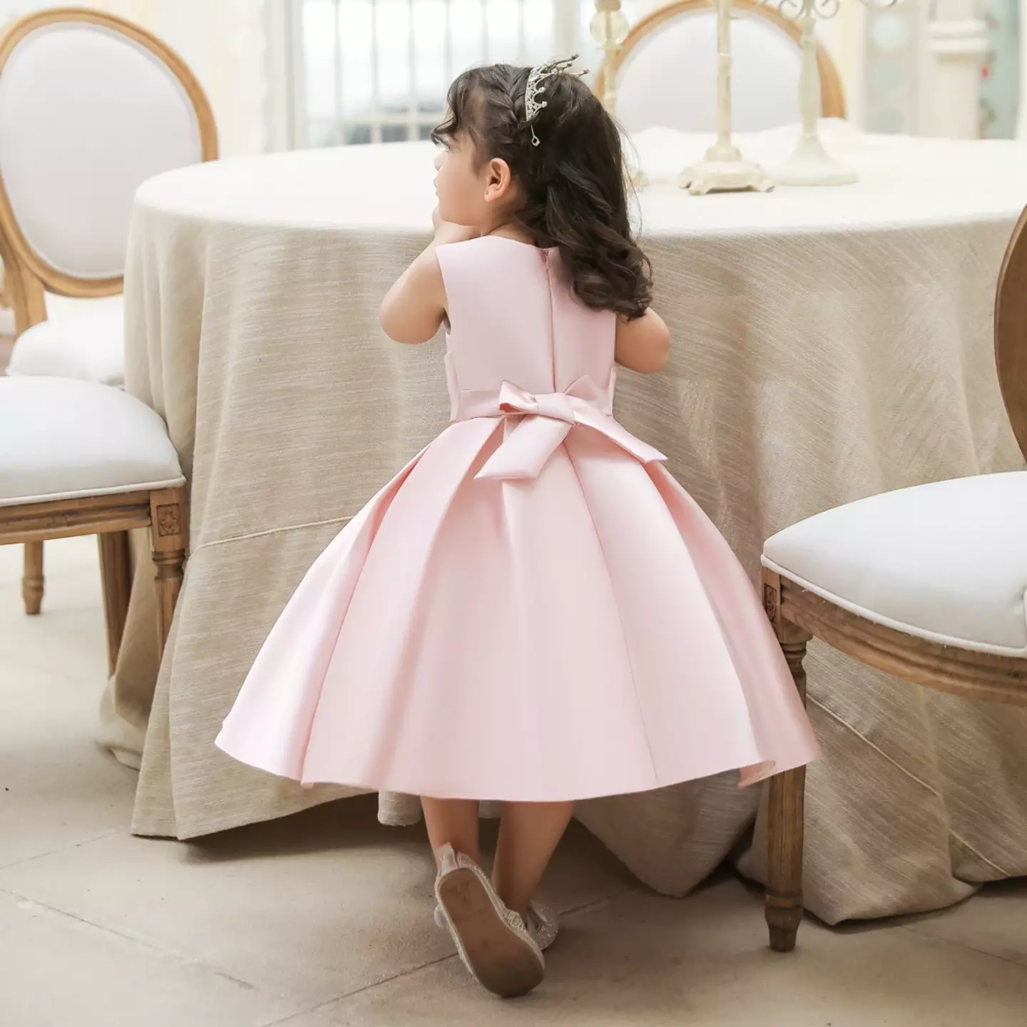 Diana Pink Satin Big Bow Pleated Tea Length Baby & Toddler Party Dress