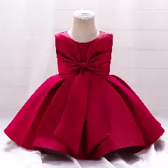Diana Maroon Satin Big Bow Pleated Tea Length Baby & Toddler Party Dress