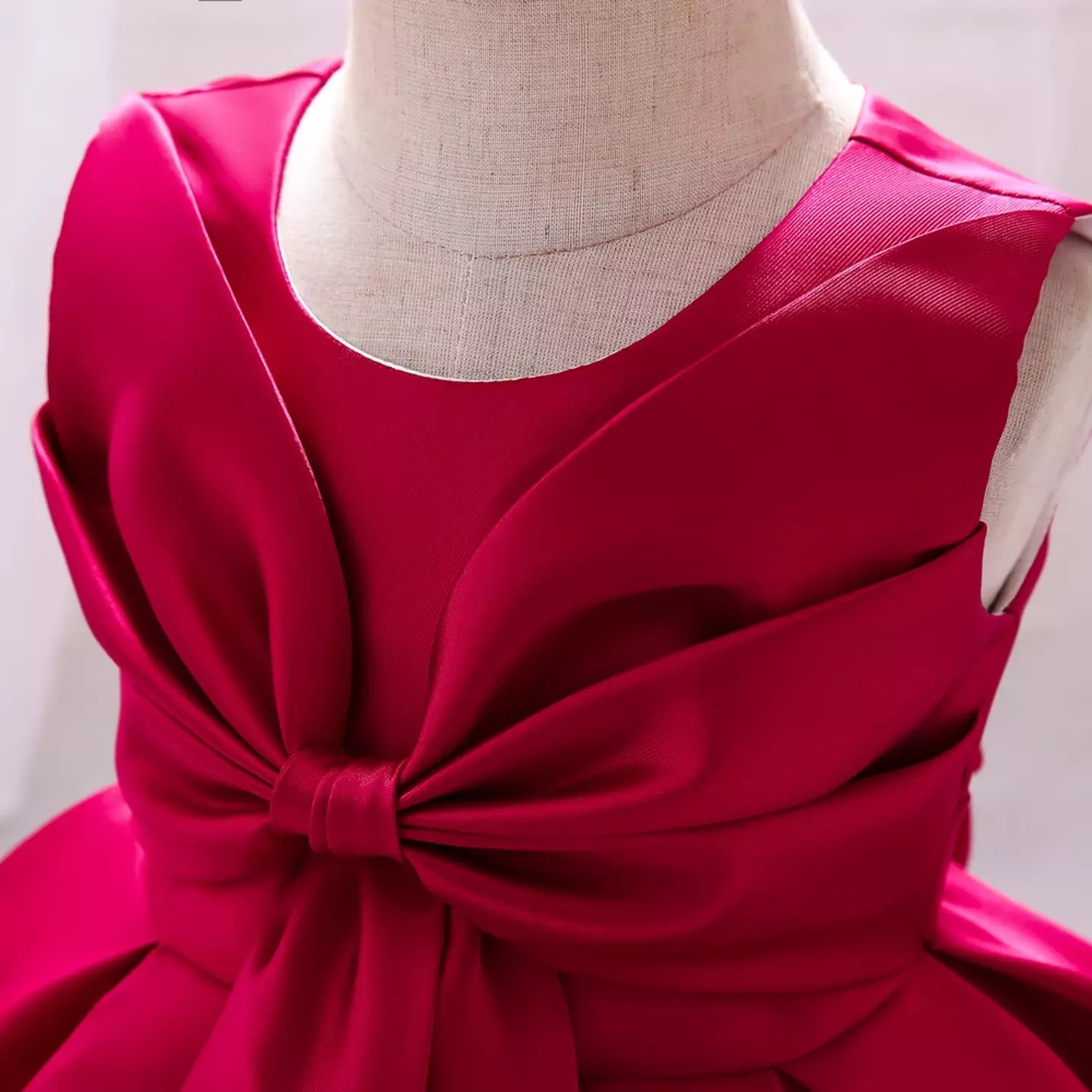 Diana Maroon Satin Big Bow Pleated Tea Length Baby & Toddler Party Dress