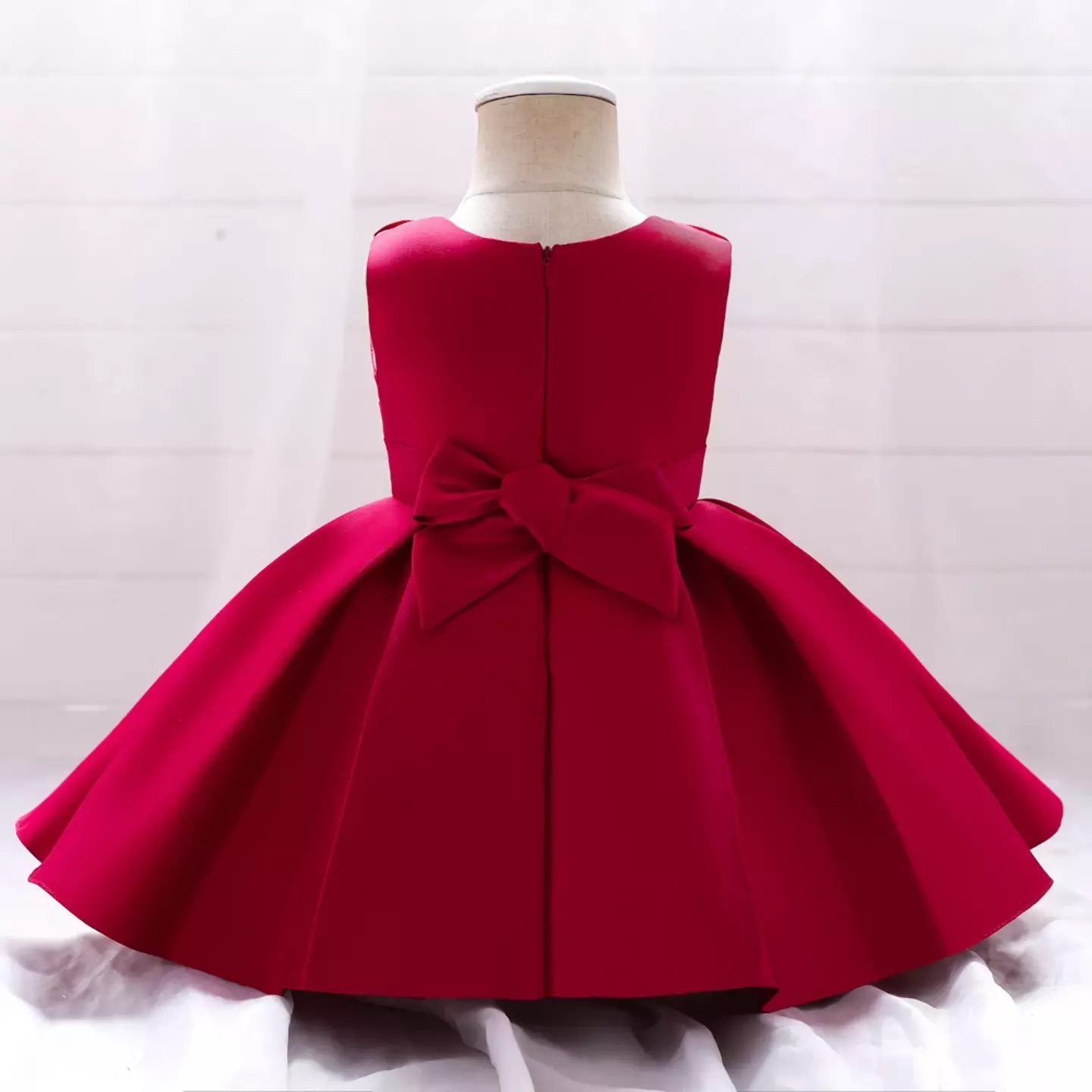 Diana Maroon Satin Big Bow Pleated Tea Length Baby & Toddler Party Dress
