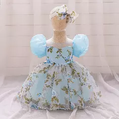 Paolini Blue Floral Tulle Puff Sleeve Tea Length Baby & Toddler Party Dress with Bow Headband