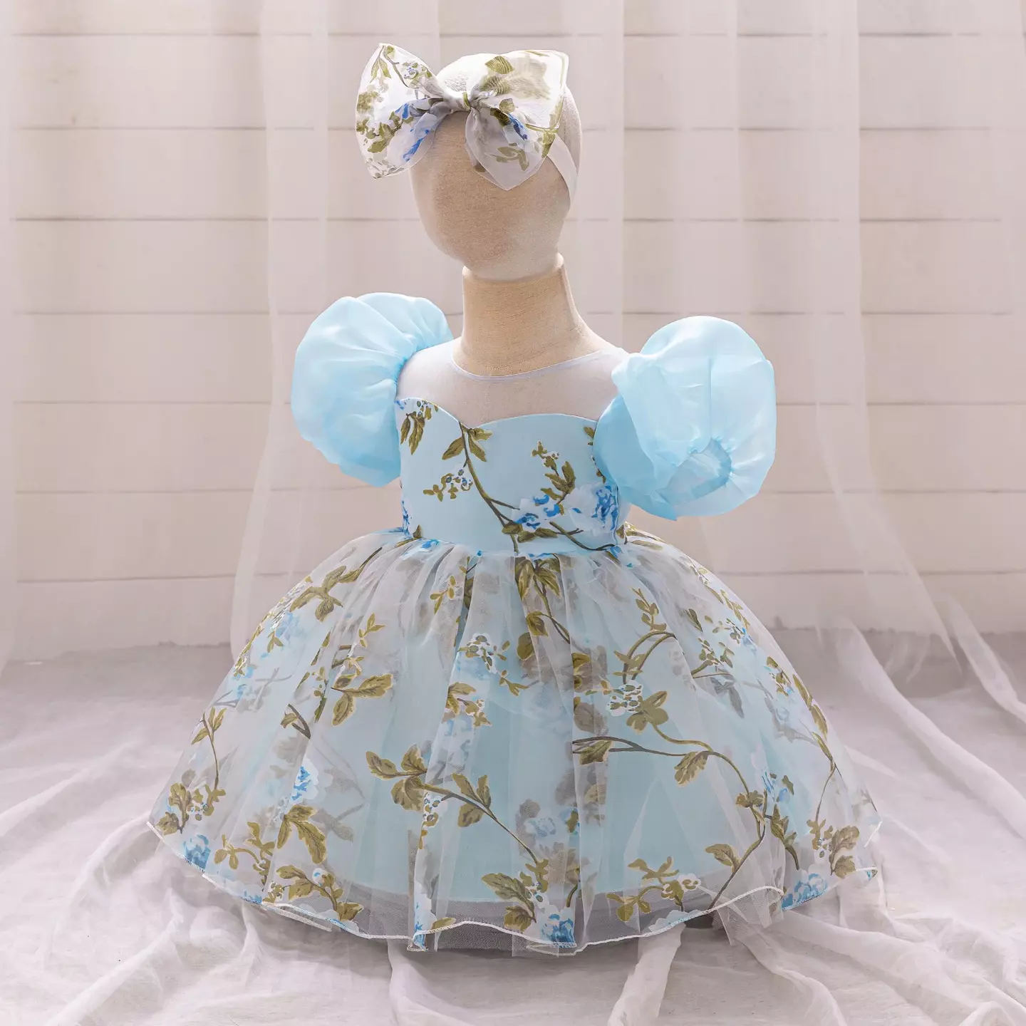 Paolini Blue Floral Tulle Puff Sleeve Tea Length Baby & Toddler Party Dress with Bow Headband