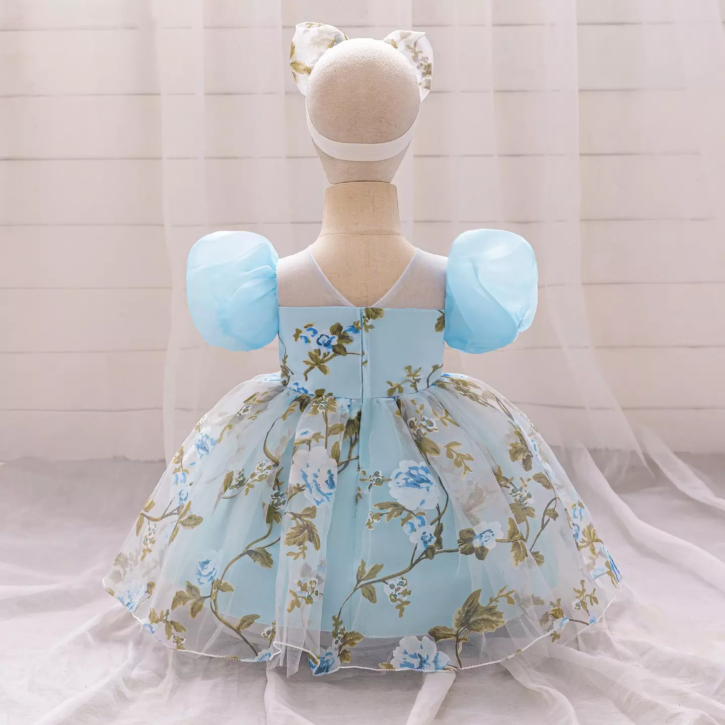 Paolini Blue Floral Tulle Puff Sleeve Tea Length Baby & Toddler Party Dress with Bow Headband
