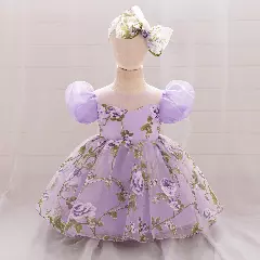 Paolini Lavender Floral Tulle Puff Sleeve Tea Length Baby & Toddler Party Dress with Bow Headband