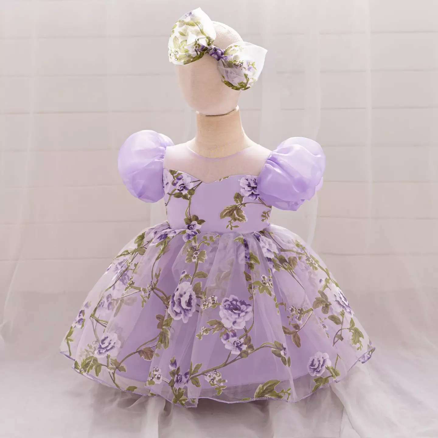 Paolini Lavender Floral Tulle Puff Sleeve Tea Length Baby & Toddler Party Dress with Bow Headband