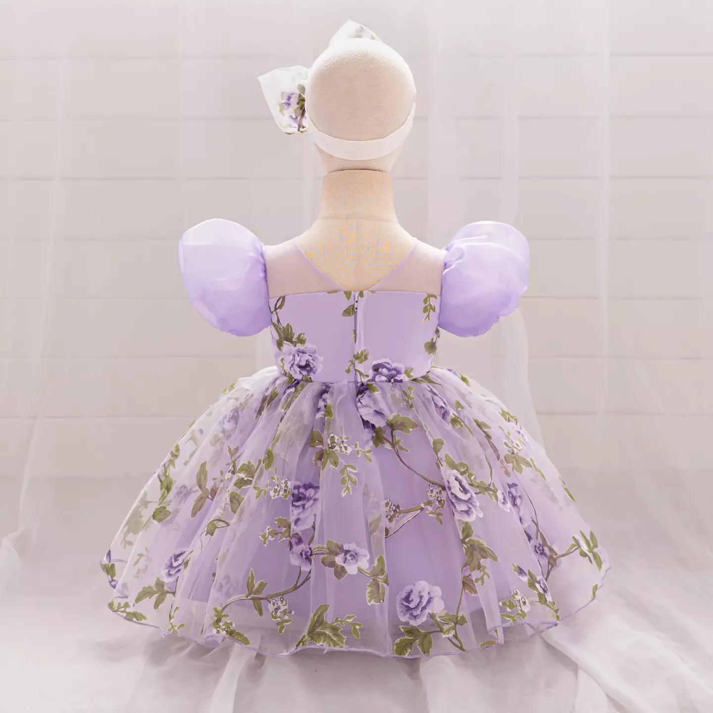 Paolini Lavender Floral Tulle Puff Sleeve Tea Length Baby & Toddler Party Dress with Bow Headband