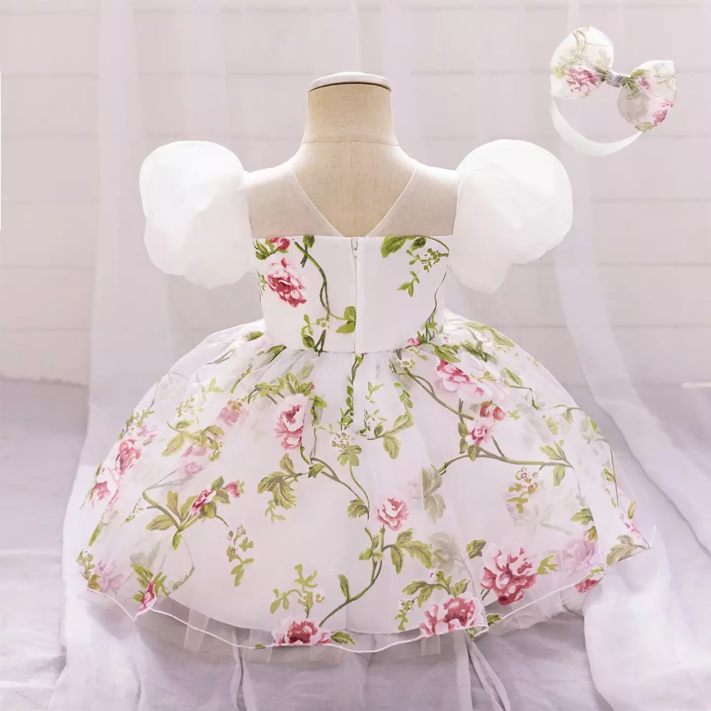 Paolini White Floral Tulle Puff Sleeve Tea Length Baby & Toddler Party Dress with Bow Headband