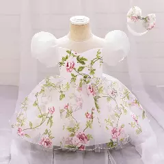 Paolini White Floral Tulle Puff Sleeve Tea Length Baby & Toddler Party Dress with Bow Headband
