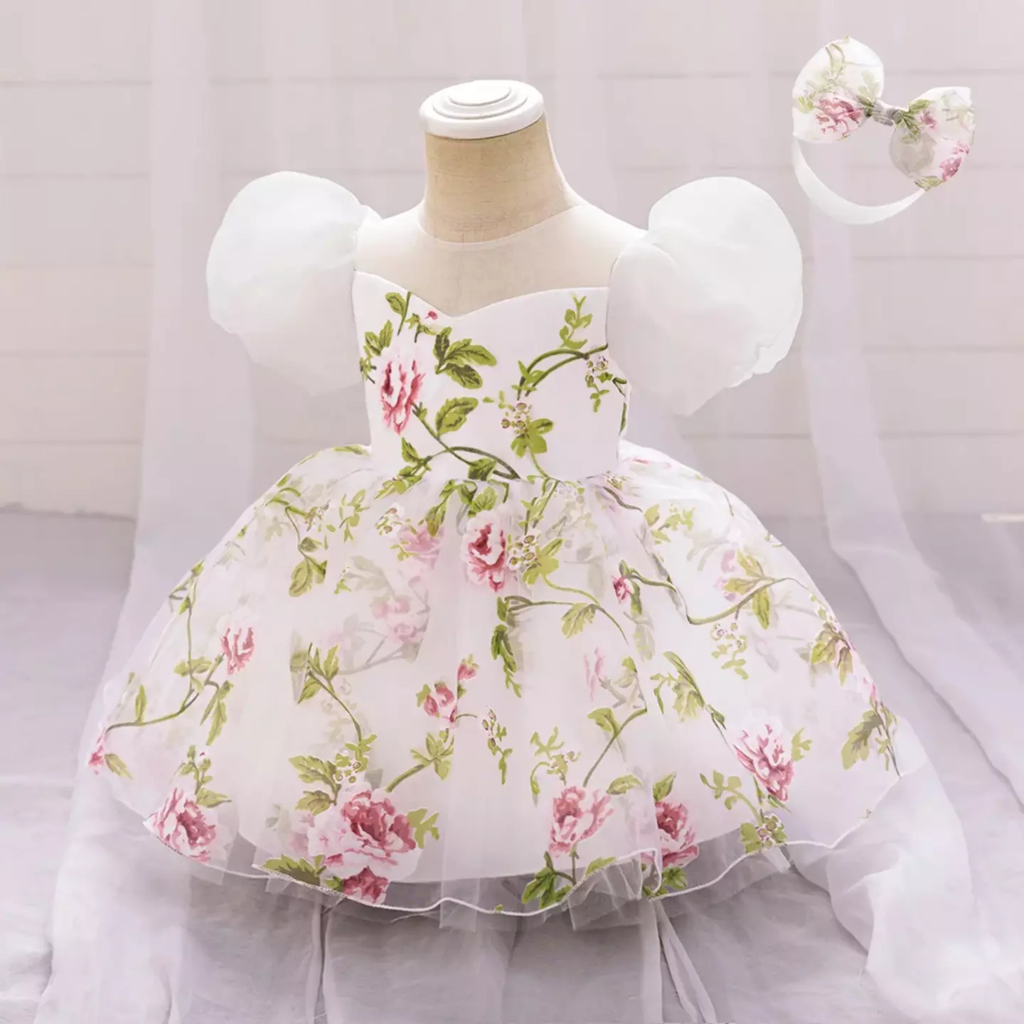 Paolini White Floral Tulle Puff Sleeve Tea Length Baby & Toddler Party Dress with Bow Headband