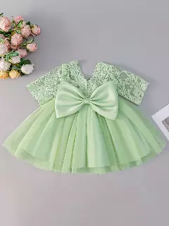 Mia Green Lace Bow Tulle Tea Length Baby Party Dress with Matching Bonnet