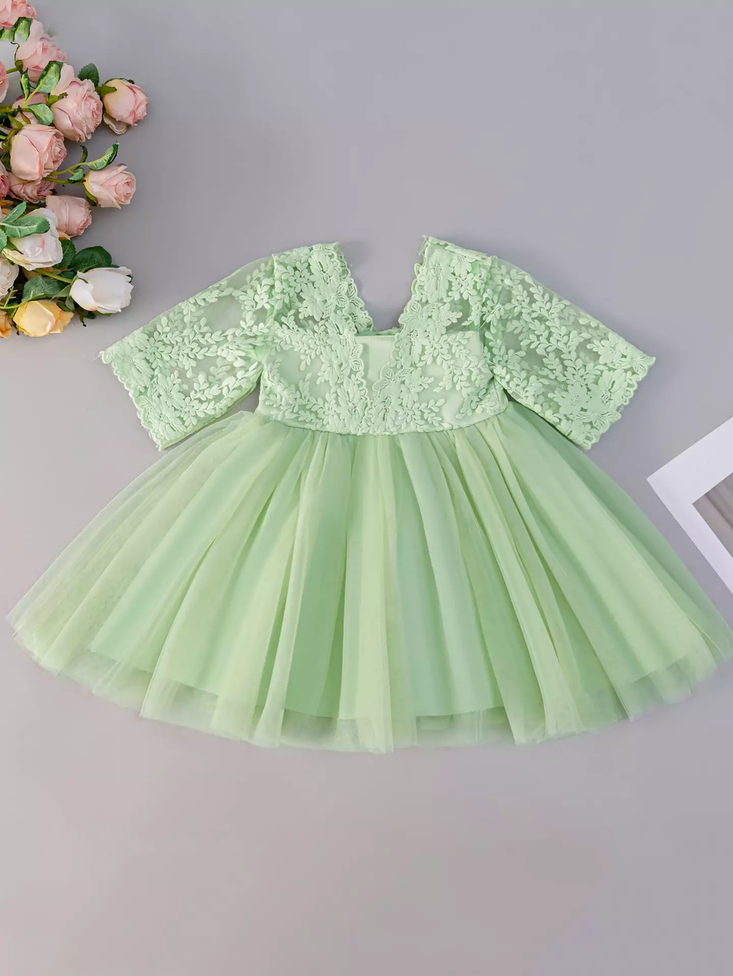 Mia Green Lace Bow Tulle Tea Length Baby Party Dress with Matching Bonnet