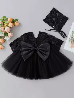 Mia Black Lace Bow Tulle Tea Length Baby Party Dress with Matching Bonnet