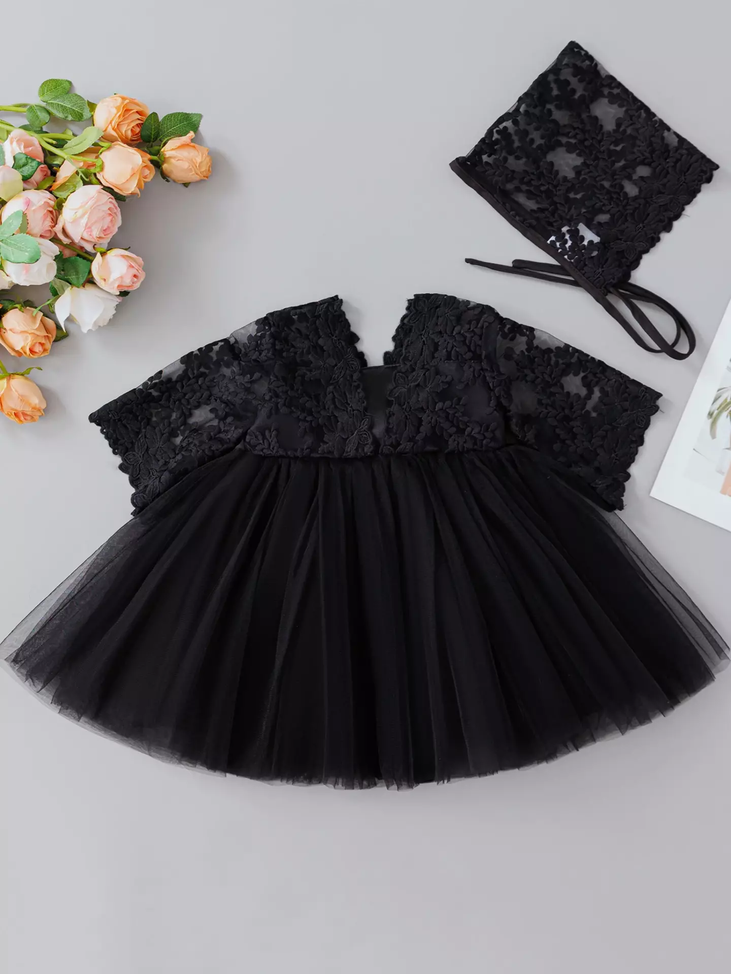 Mia Black Lace Bow Tulle Tea Length Baby Party Dress with Matching Bonnet