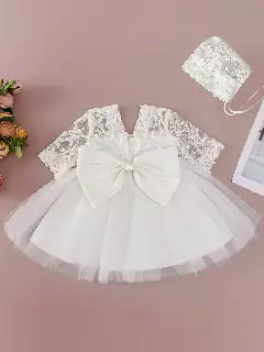 Mia White Lace Bow Tulle Tea Length Baby Party Dress with Matching Bonnet