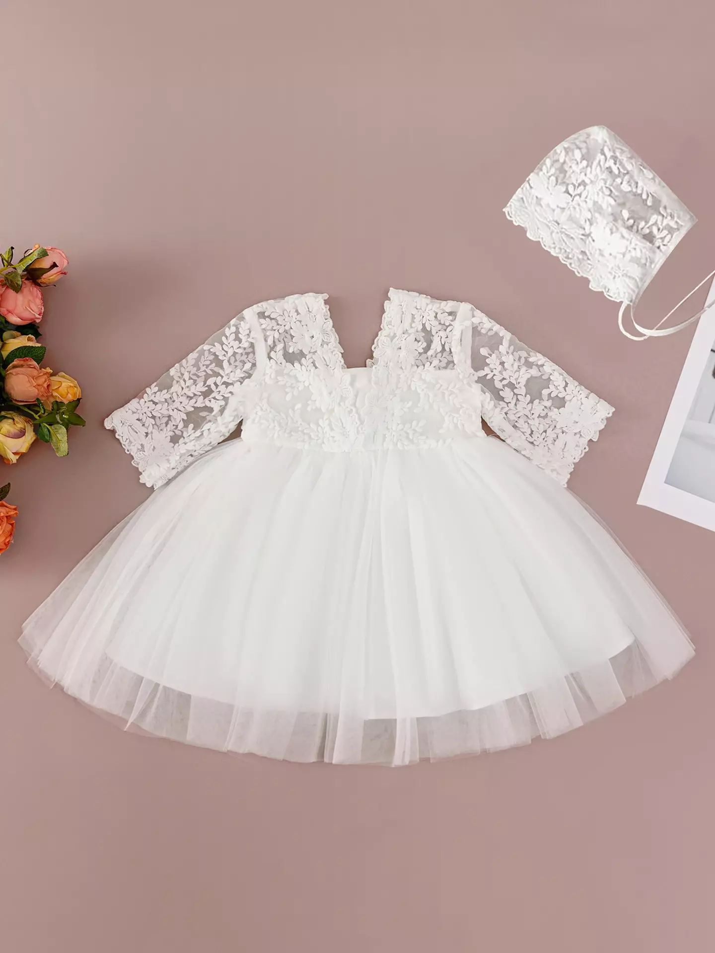 Mia White Lace Bow Tulle Tea Length Baby Party Dress with Matching Bonnet