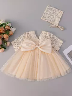 Mia Champagne Lace Bow Tulle Tea Length Baby Party Dress with Matching Bonnet