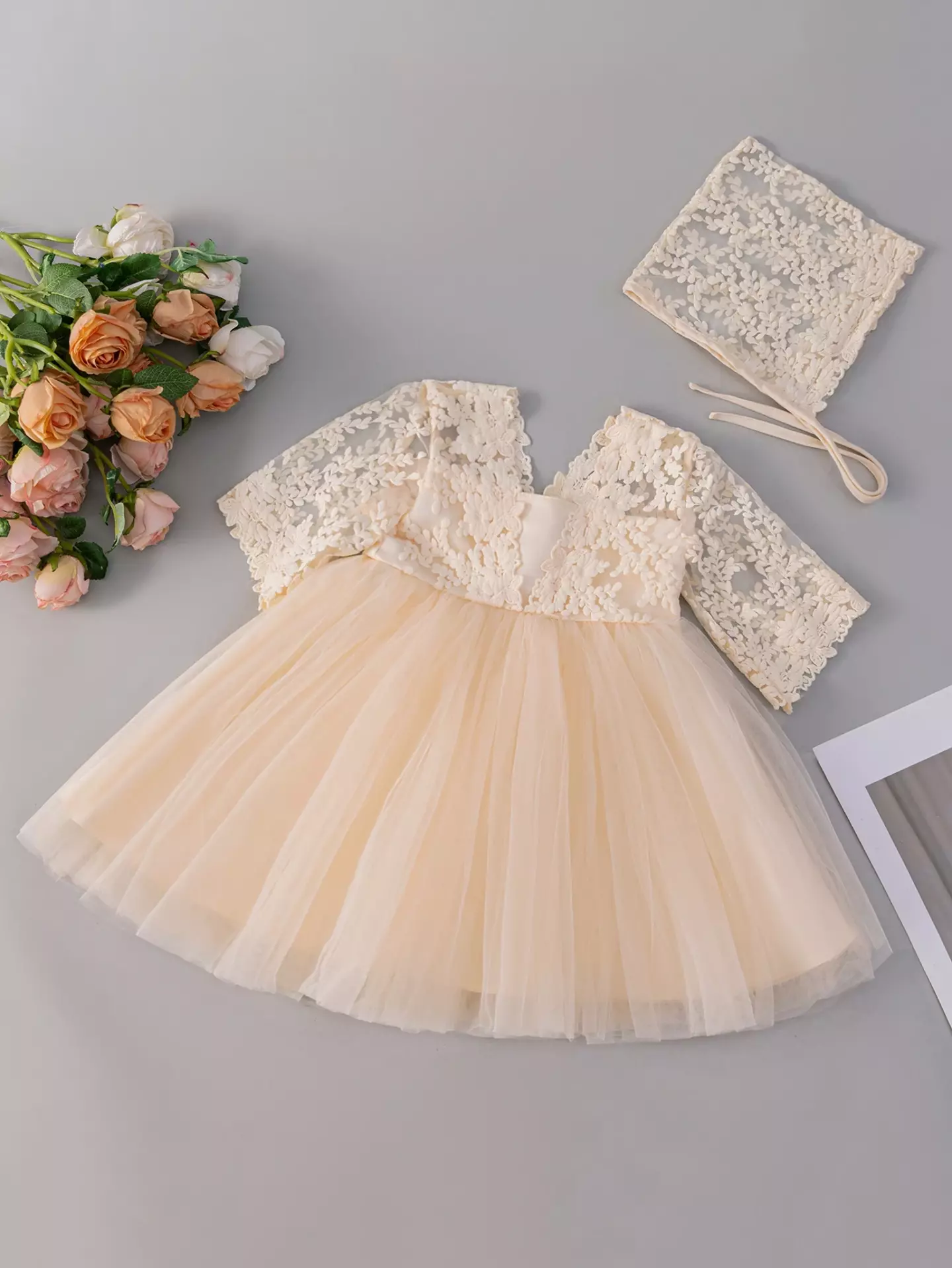 Mia Champagne Lace Bow Tulle Tea Length Baby Party Dress with Matching Bonnet